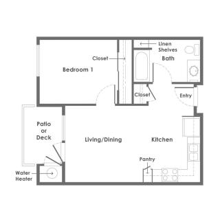 A one-bedroom apartment floor plan with a living/dining area, kitchen, bathroom, and patio.
