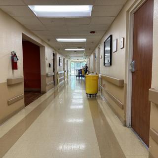 A clean and well-lit hospital corridor with doors on either side.