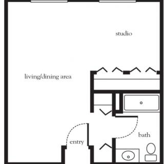 A floor plan of a studio apartment featuring a living area and bathroom.