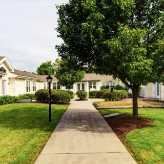 A peaceful residential area with a sidewalk leading to houses surrounded by green lawns and trees.