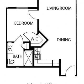 A floor plan of a one-bedroom apartment featuring a living room, dining area, kitchen, bathroom, and walk-in closet.