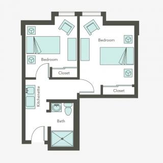 A floor plan depicting a two-bedroom apartment layout with a bathroom and kitchen area.