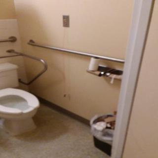 An accessible bathroom with handrails, a toilet, and a trash can.