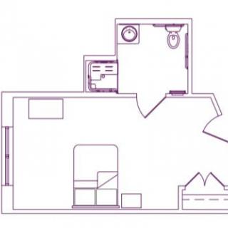 A simple floor plan showing a room with a bathroom and basic furnishings.