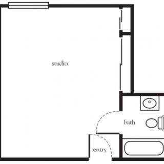 A simple studio apartment floor plan with a bathroom and entryway.