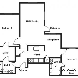A floor plan of a two-bedroom apartment featuring a living room, dining room, kitchen, two bathrooms, and a patio area.