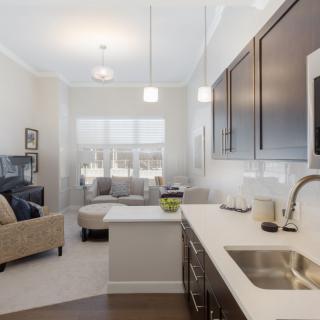 A modern open-plan apartment interior featuring a stylish kitchen and cozy living room.
