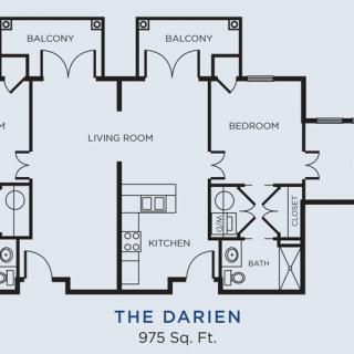 Floor plan of 'The Darien' apartment, measuring 975 square feet with two bedrooms and balconies.