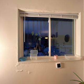 A cozy interior view showcasing a window with blinds, revealing a nighttime scene.