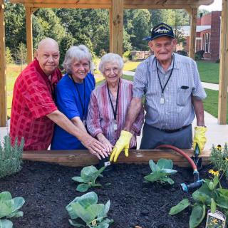 A group of seniors enjoying gardening together in a community garden.