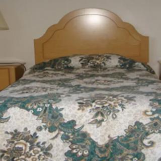 A neatly made bed with a decorative comforter and wooden headboard, accompanied by a lamp and nightstand.