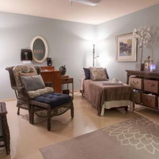 A cozy living room with elegant furniture and soft lighting.