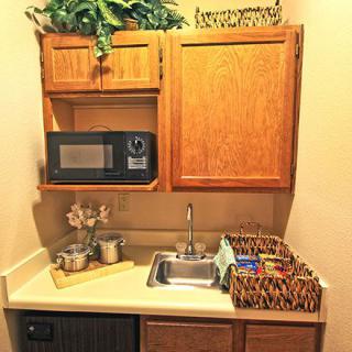 A compact kitchenette with a microwave, sink, wooden cabinets, and decorative plants.
