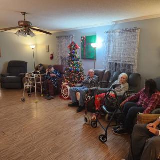 A group of elderly people sitting in a living room with a decorated Christmas tree, some in wheelchairs, enjoying the holiday atmosphere.