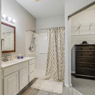 A modern bathroom with a shower, vanity, and an adjacent walk-in closet.