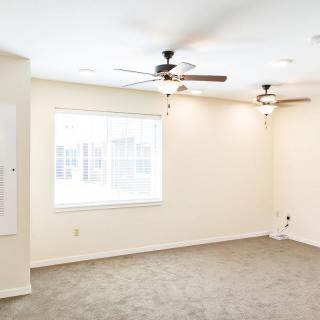 A bright, empty room featuring carpet flooring, two ceiling fans, and a large window.