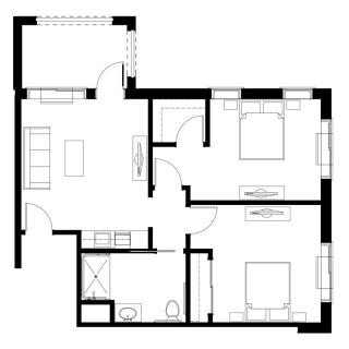 A detailed floor plan showing the layout of an apartment with multiple rooms, including a living area, bedrooms, and a bathroom.