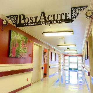 A hallway in a medical facility leading to the Post Acute Rehabilitation Unit.