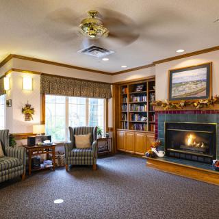 A cozy living room with a fireplace, bookshelves, and comfortable seating.