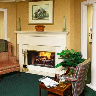 A cozy living room with a fireplace, armchairs, and decorative elements.