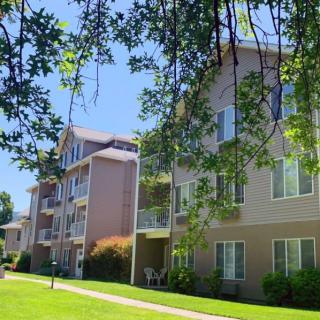 View of a residential apartment building surrounded by trees and greenery on a sunny day.