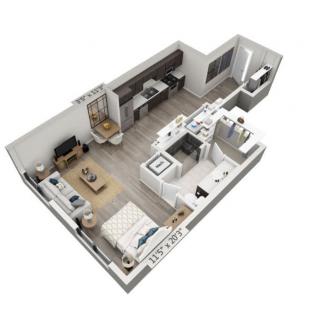 3D floor plan of a modern one-bedroom apartment with an open living area and kitchen.