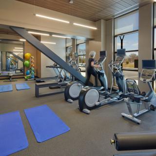 A modern gym featuring elliptical machines, yoga mats, and various exercise equipment.