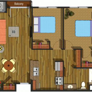Two-bedroom apartment floor plan with a balcony, kitchen, and living room area.