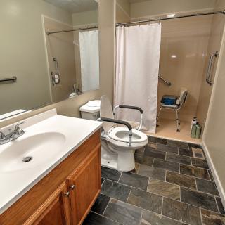 An accessible bathroom featuring a sink, toilet with grab bars, and a walk-in shower.