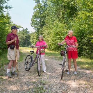 Three people enjoying a biking trip through a wooded trail.