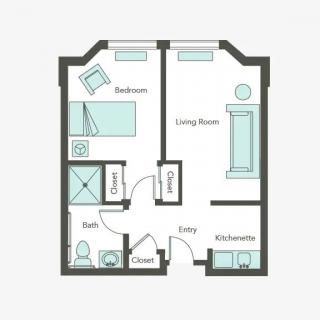A floor plan of a compact apartment featuring one bedroom, a living room, kitchen, and bathroom.