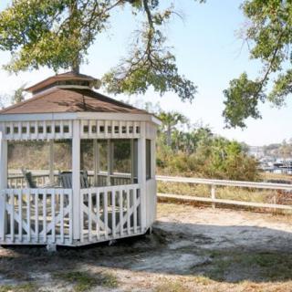 A white gazebo set in a scenic outdoor area with trees and a view of the water.