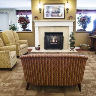 A cozy living room with a fireplace, sofa, armchairs, and decorative plants.