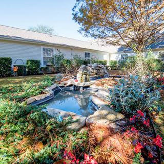 A serene garden with a small pond surrounded by lush greenery and vibrant flowers.
