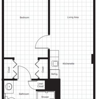 A detailed floor plan of a one-bedroom apartment with labeled rooms.