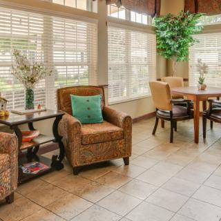 A cozy seating area with comfortable chairs, a small table, and indoor plants illuminated by natural light streaming through window blinds.
