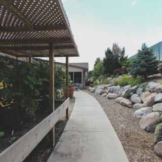 A serene outdoor garden path with a shaded canopy and surrounding rocks.