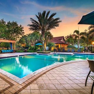 Beautiful resort swimming pool at sunset surrounded by palm trees.