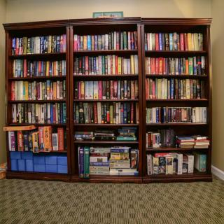 A neatly organized wooden bookshelf filled with various books.