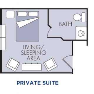 Floor plan of a private suite with a living/sleeping area and a bathroom.