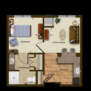 A one-bedroom apartment floor plan featuring a living room, kitchen, and bathroom.