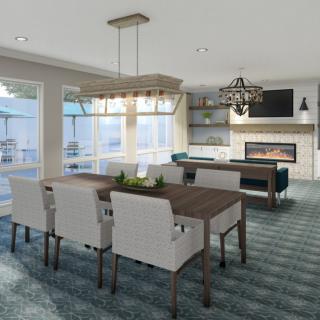 A modern and elegant open-concept dining and living space featuring stylish furniture, ample natural light, and a cozy fireplace.