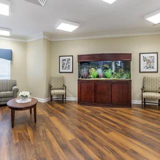 A well-lit waiting room with an aquarium and comfortable seating.