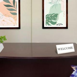 A welcoming reception desk adorned with modern artwork and a small office plant.