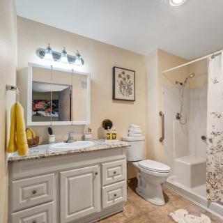 A modern bathroom with a vanity, mirror, and shower.