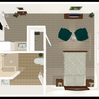 A floor plan depicting a bedroom with an attached bathroom, displaying furniture placement and room layout.