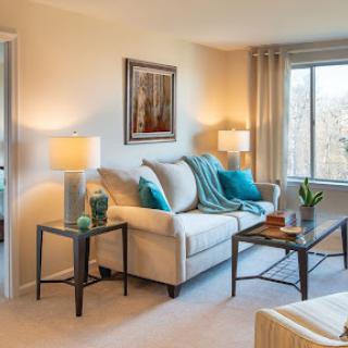 A stylish and cozy living room featuring a comfortable sofa, decorative pillows, and warm lighting.