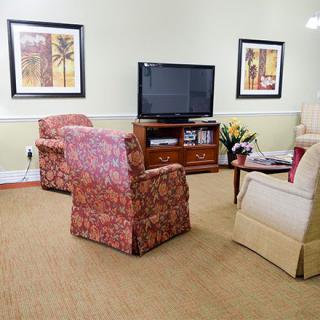 A cozy living room with a television, armchairs, and decorative artwork.