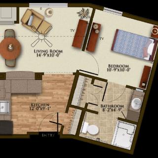 A detailed floor plan of a one-bedroom apartment featuring a living area, kitchen, and bathroom.