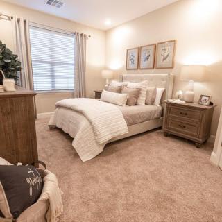 A cozy and well-decorated bedroom with a comfortable bed and soft lighting.
